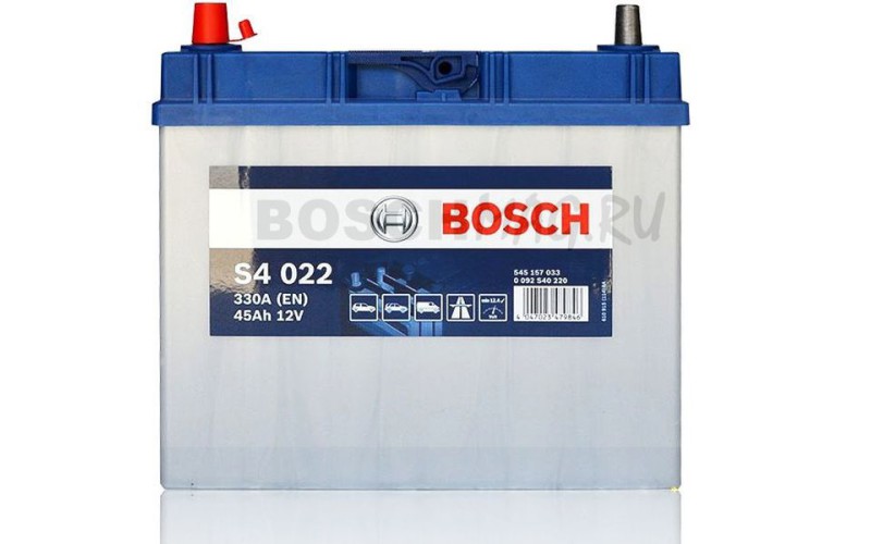 Автомобильный аккумулятор BOSCH S4 022   0092S40220  45 Ач (A/h)  прямая полярность  -  545157033 тонкие клеммы